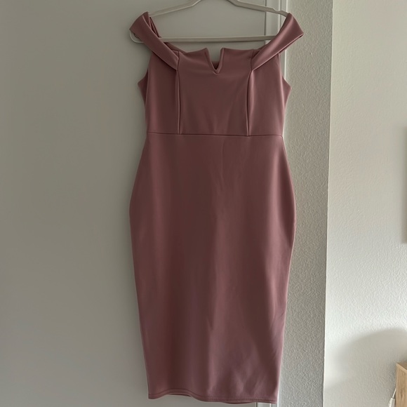 Dusty Rose V Neck Off the Shoulder V Neck Fitted Knee Length Stretchy Dress - Picture 3 of 5